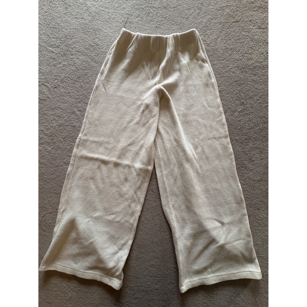 ZARA Ribbed Wide Leg Cropped Pants Cream Beige Women's Size S